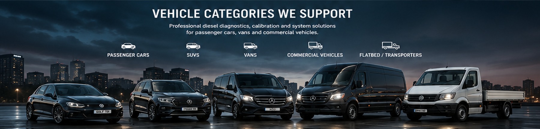 Vehicle categories supported including hatchback SUV vans large vans and flatbed transporters
